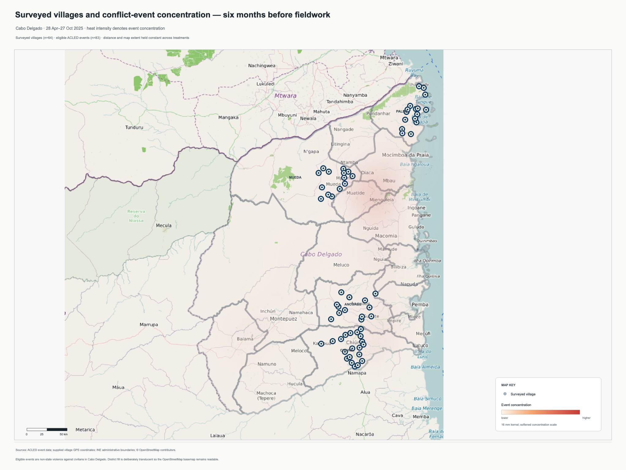 Map of surveyed villages in Cabo Delgado and conflict-event concentration